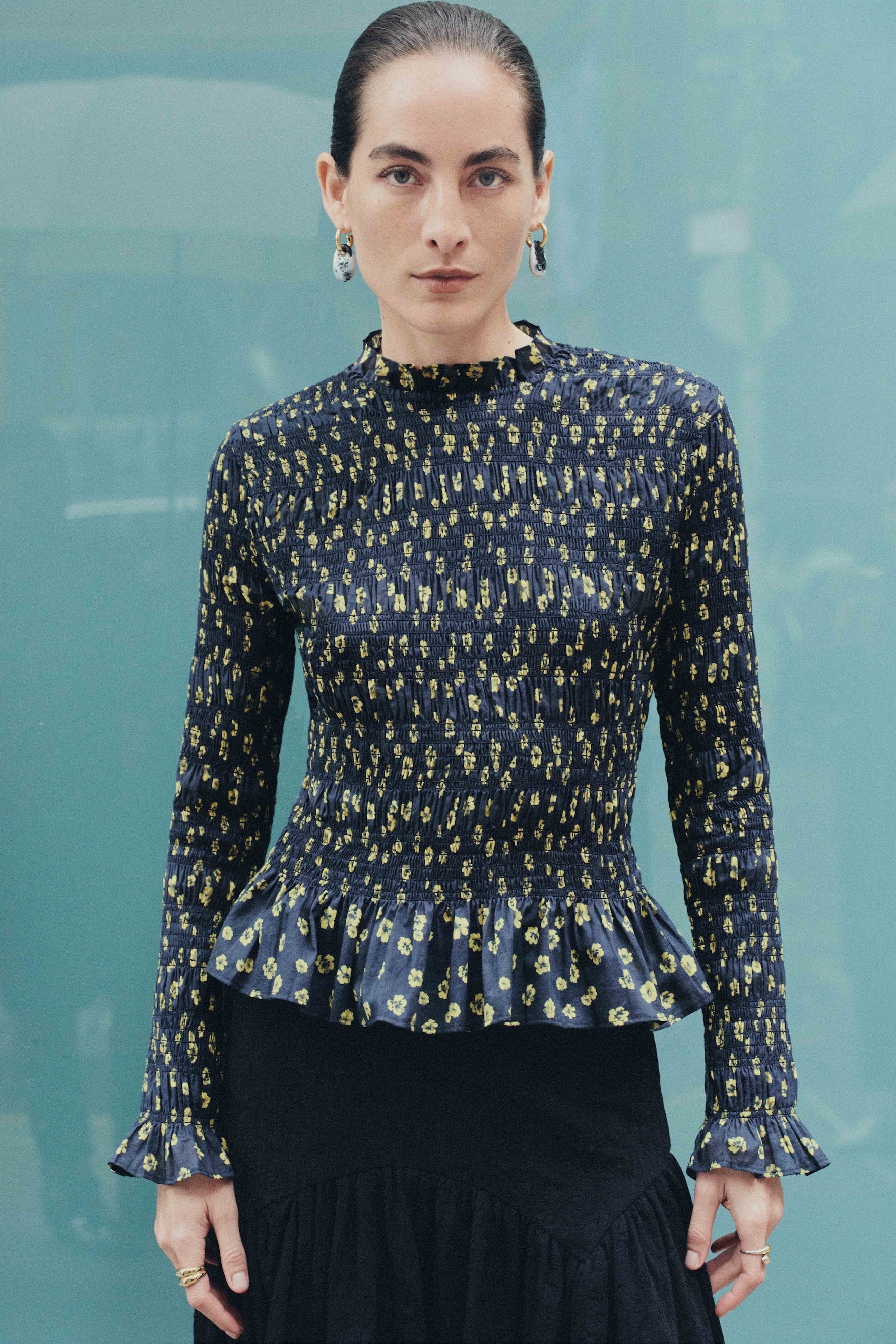 Norra Top in Lemon Navy Floral Print