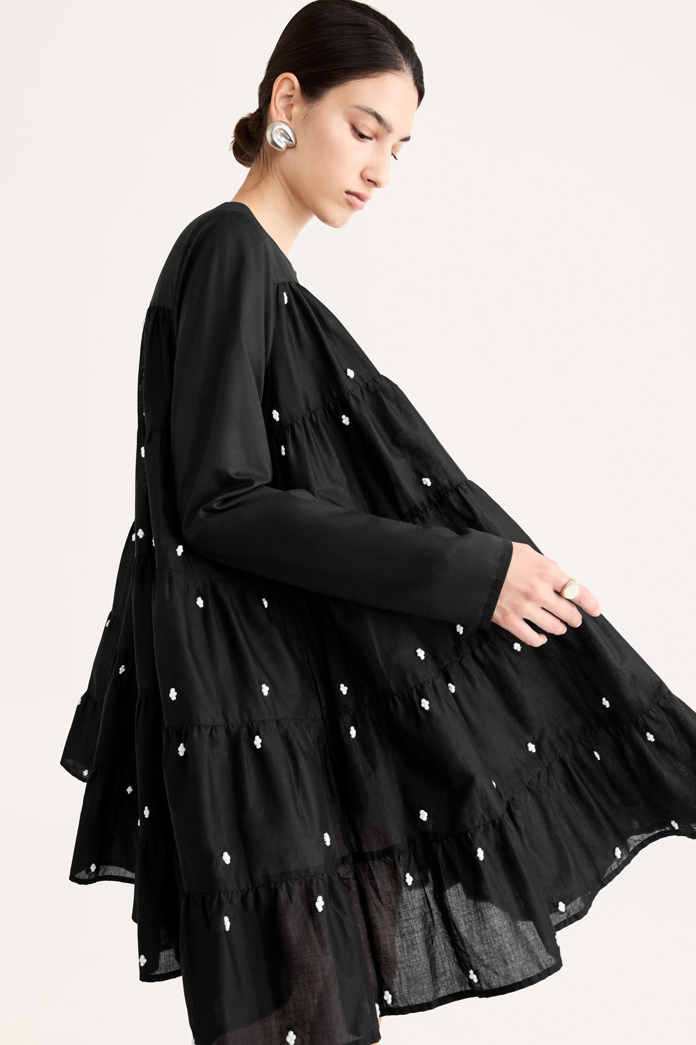 Merlette Soliman Tiered Dress in Black with Embroidery