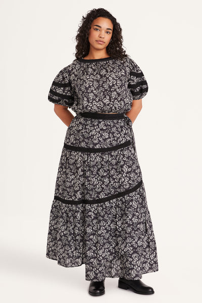 Magere Top in Black Stamped Floral Print