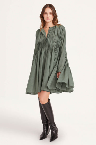 Martel Pleated Dress in Moss Chambray