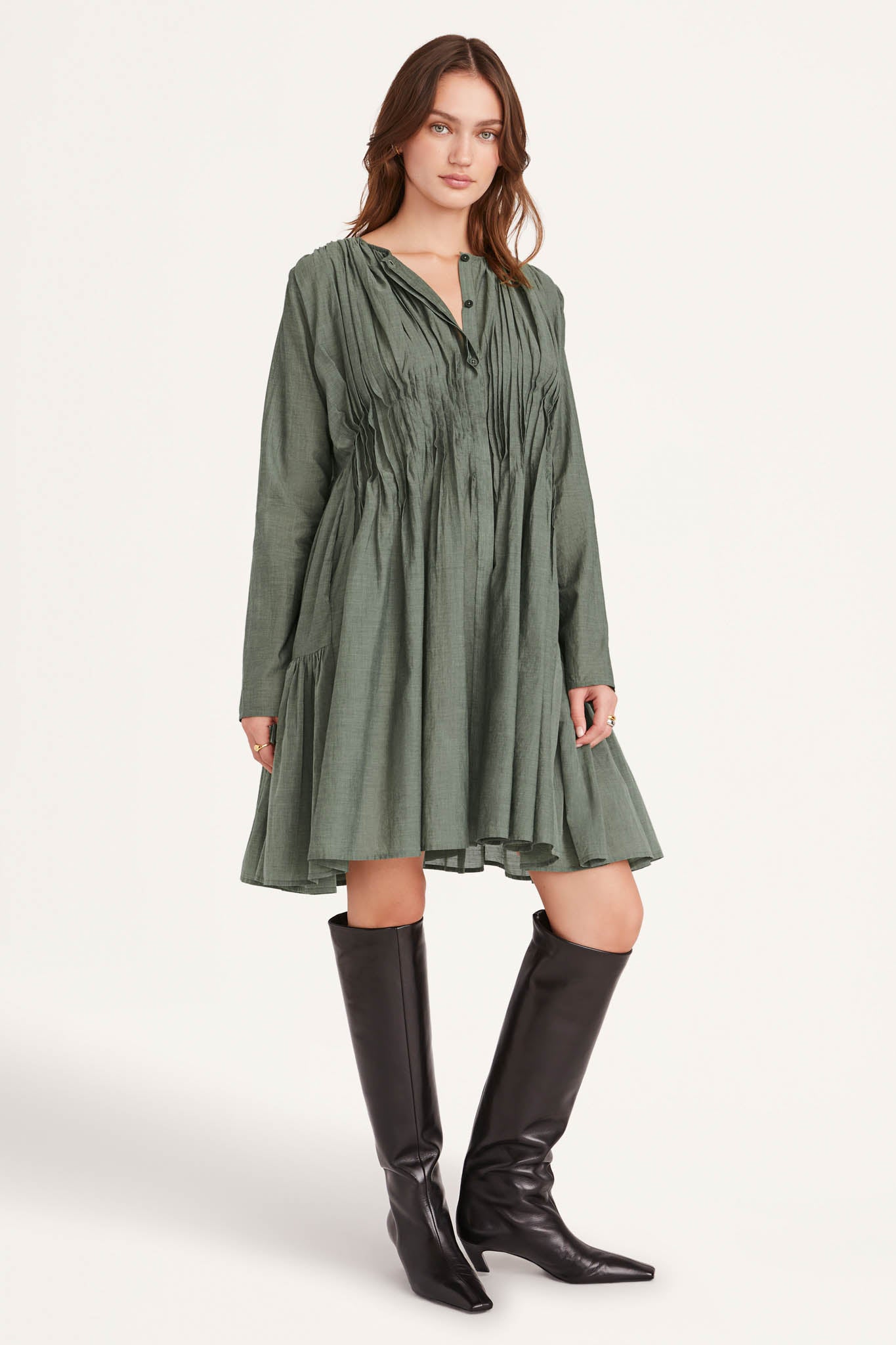 Martel Pleated Dress in Moss Chambray