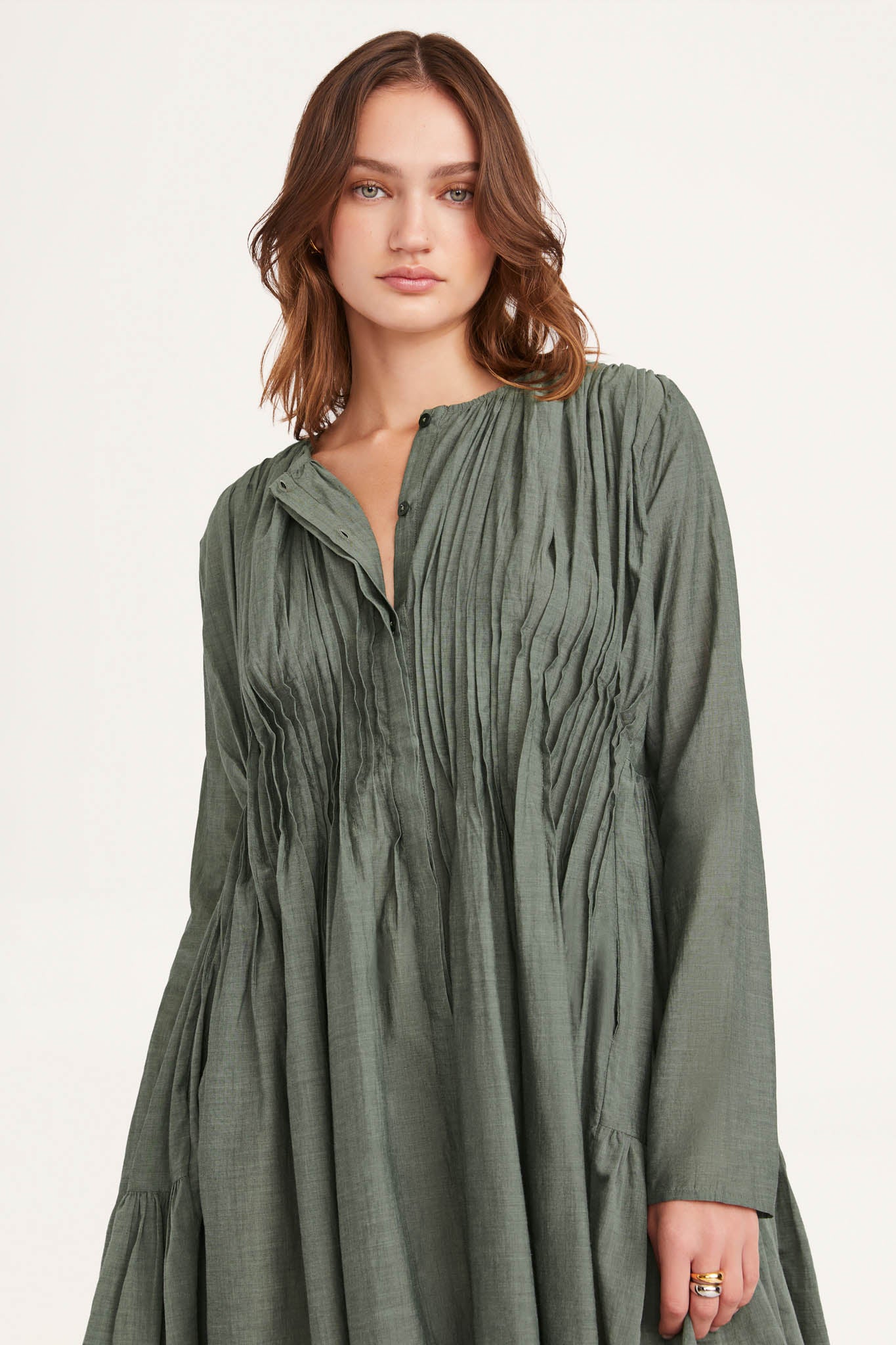 Martel Pleated Dress in Moss Chambray