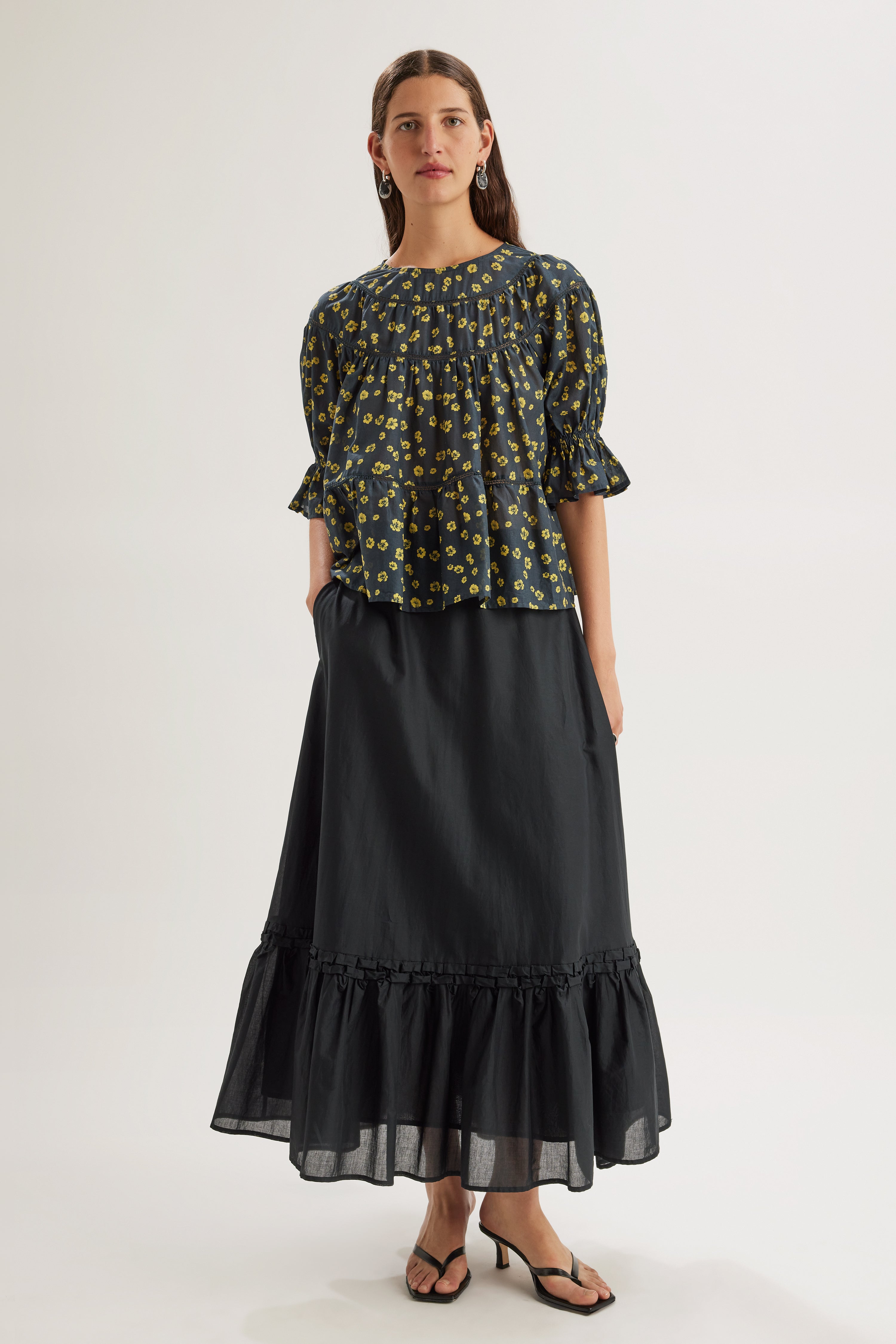 Sol Top in Lemon Navy Floral Print