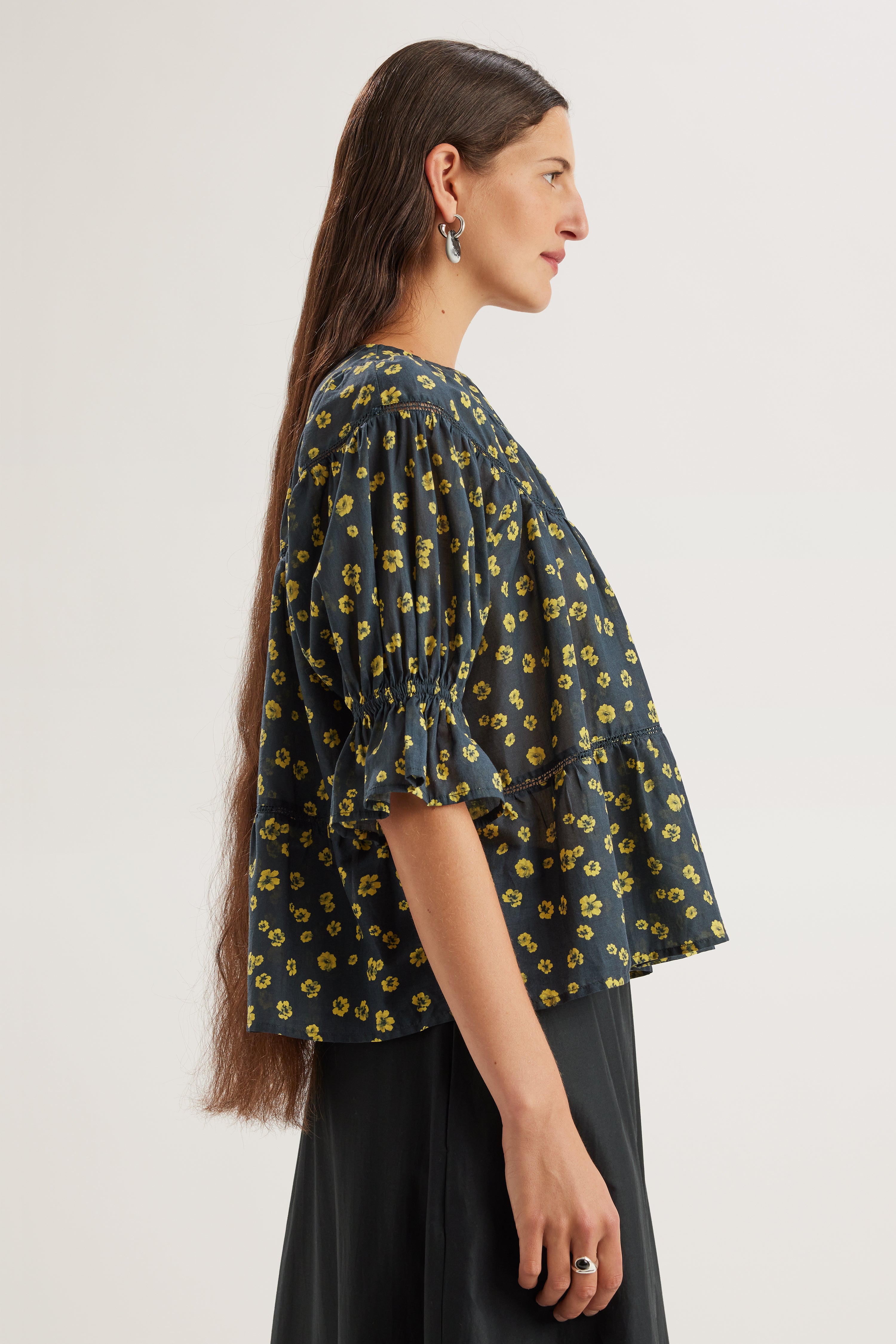 Sol Top in Lemon Navy Floral Print