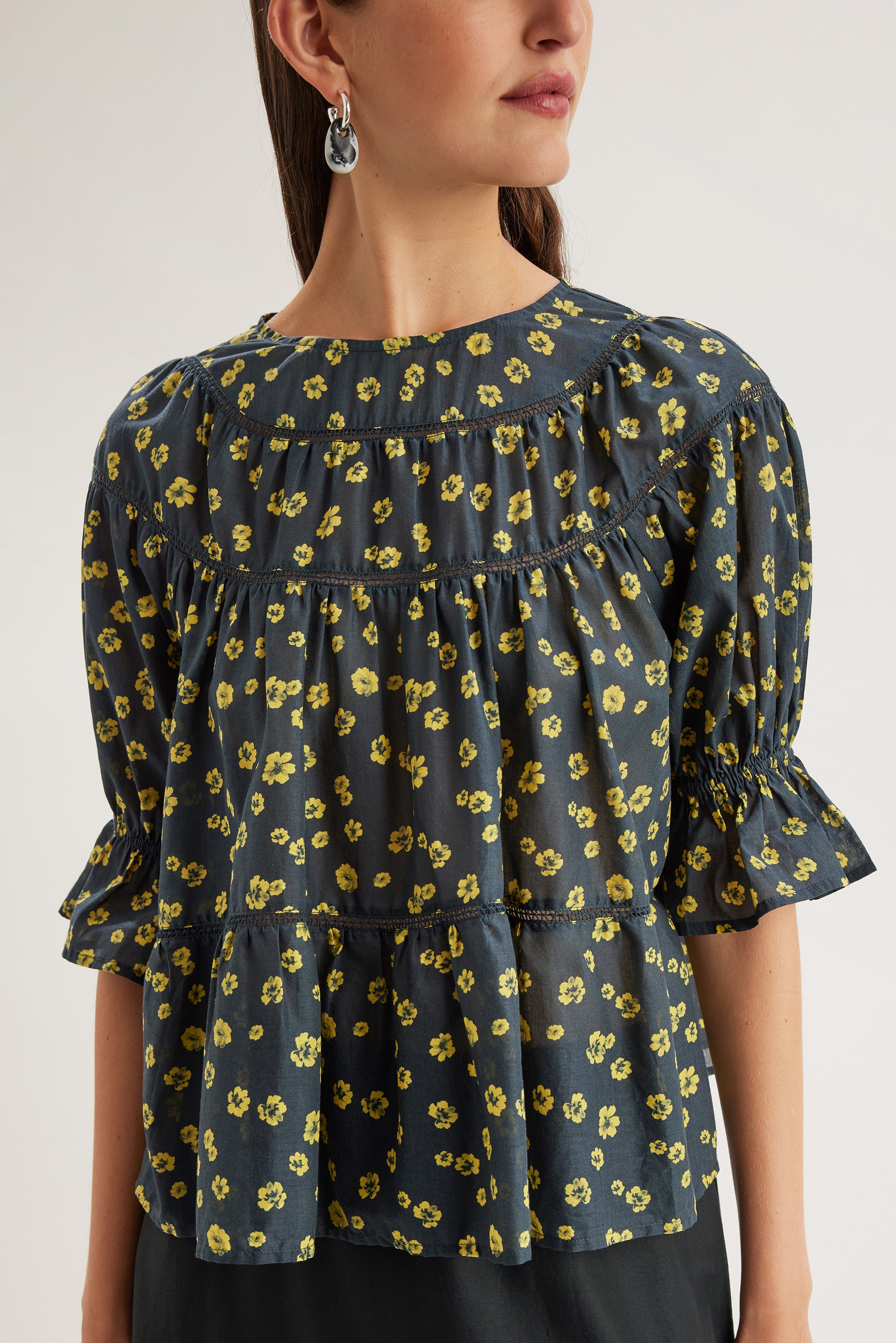 Sol Top in Lemon Navy Floral Print