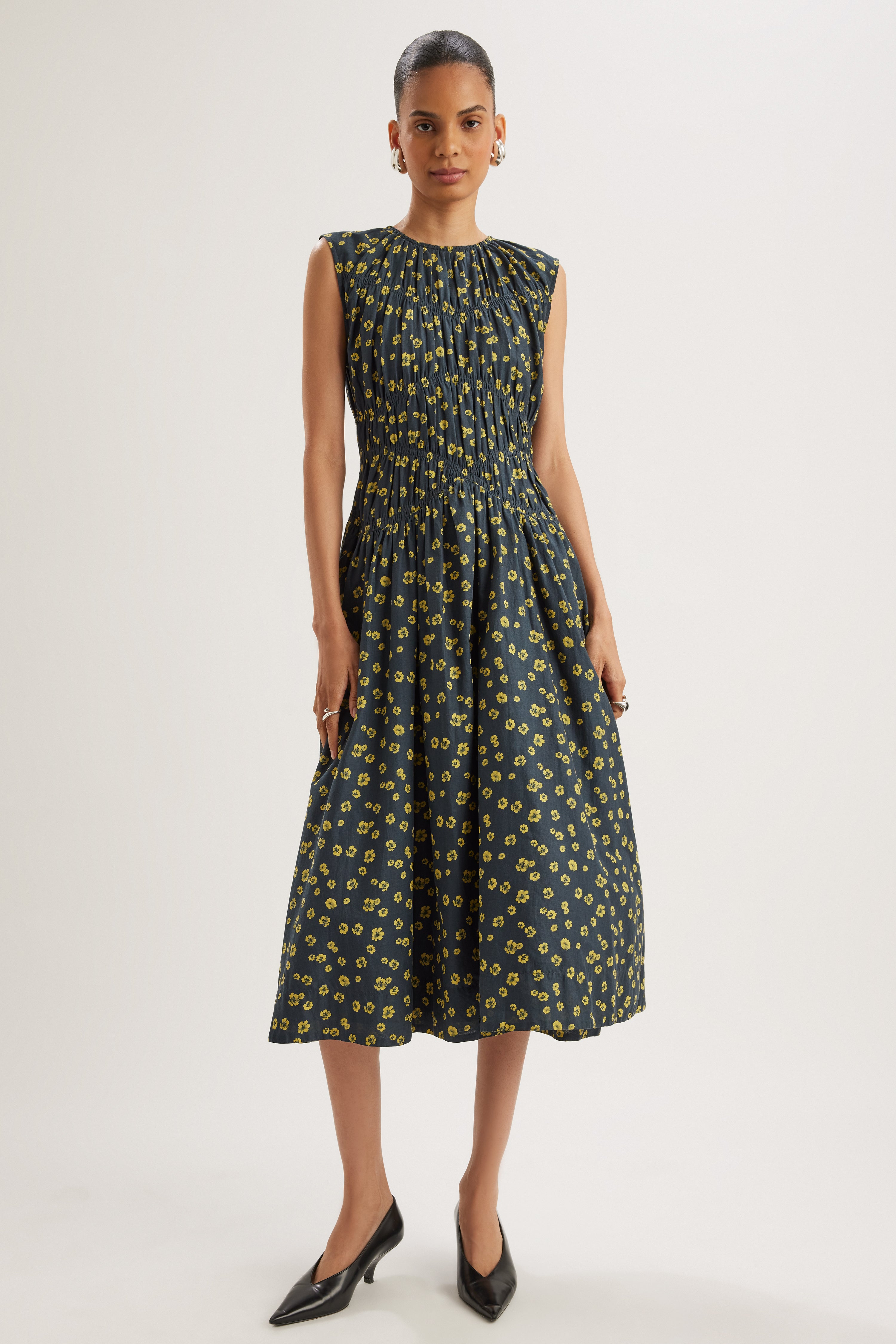 Villard Dress in Lemon Navy Floral Print