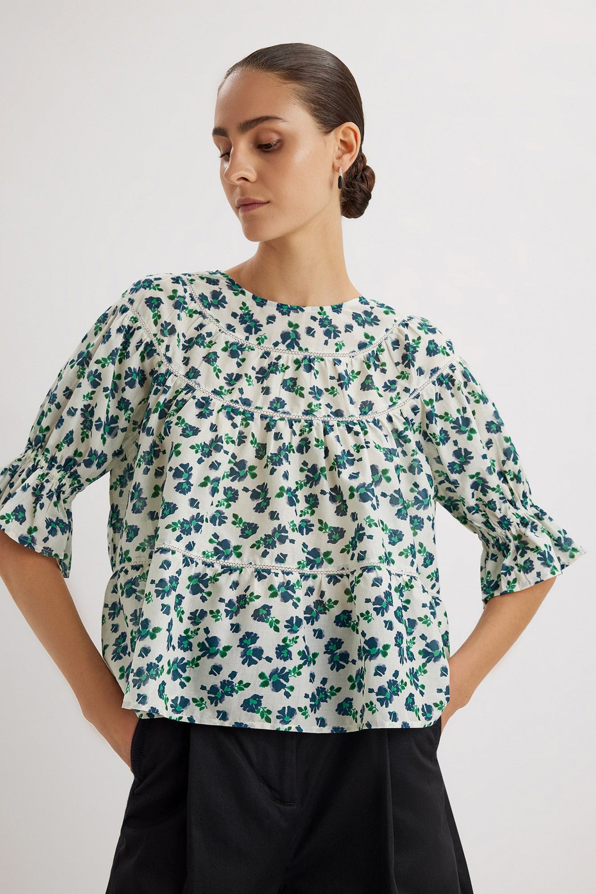 Sol Top in Navy Green Floral Print