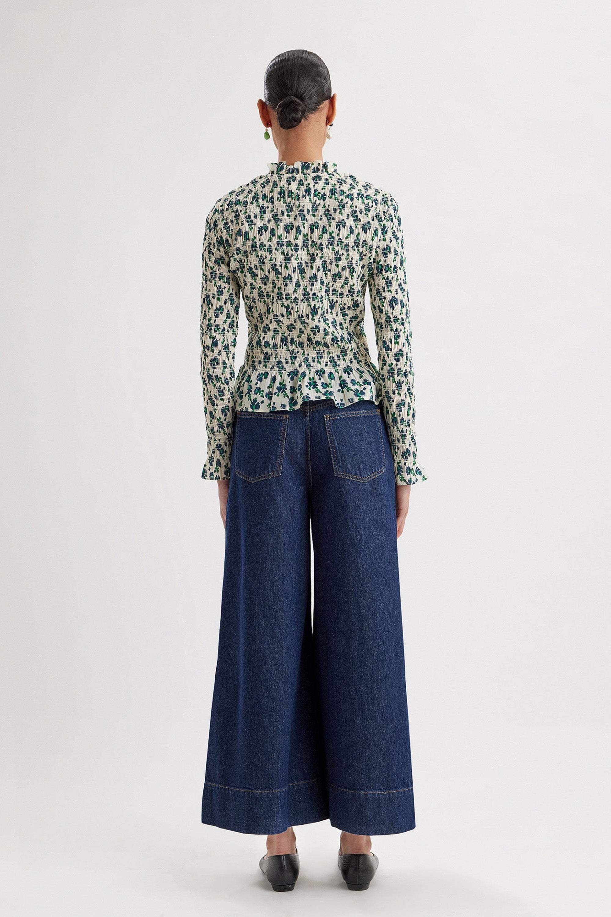 Norra Top in Navy Green Floral Print | Merlette