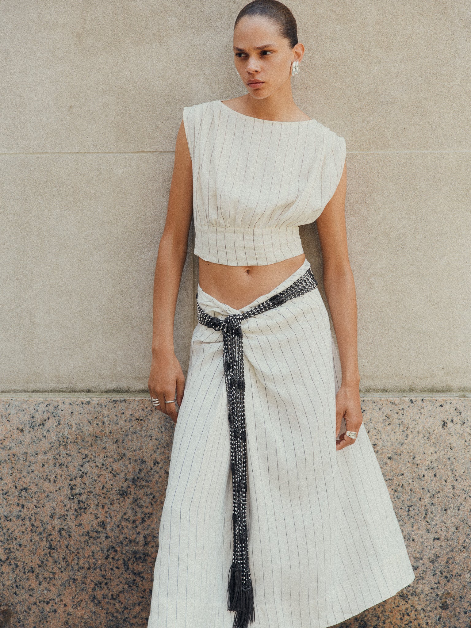 Shaan Top in Ivory Black Stripe