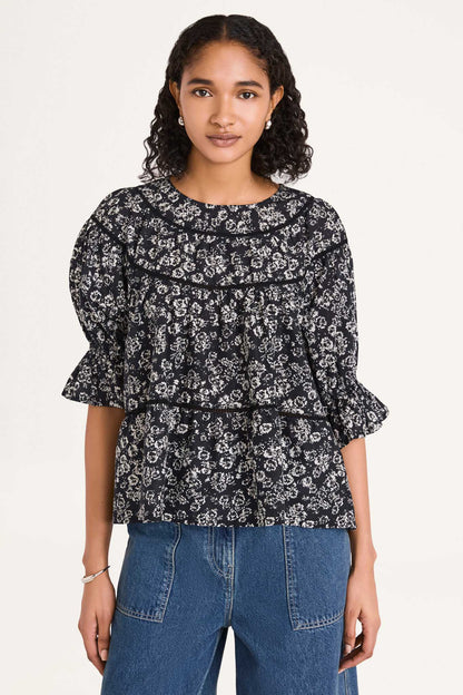 Sol Top in Black Stamped Floral Print