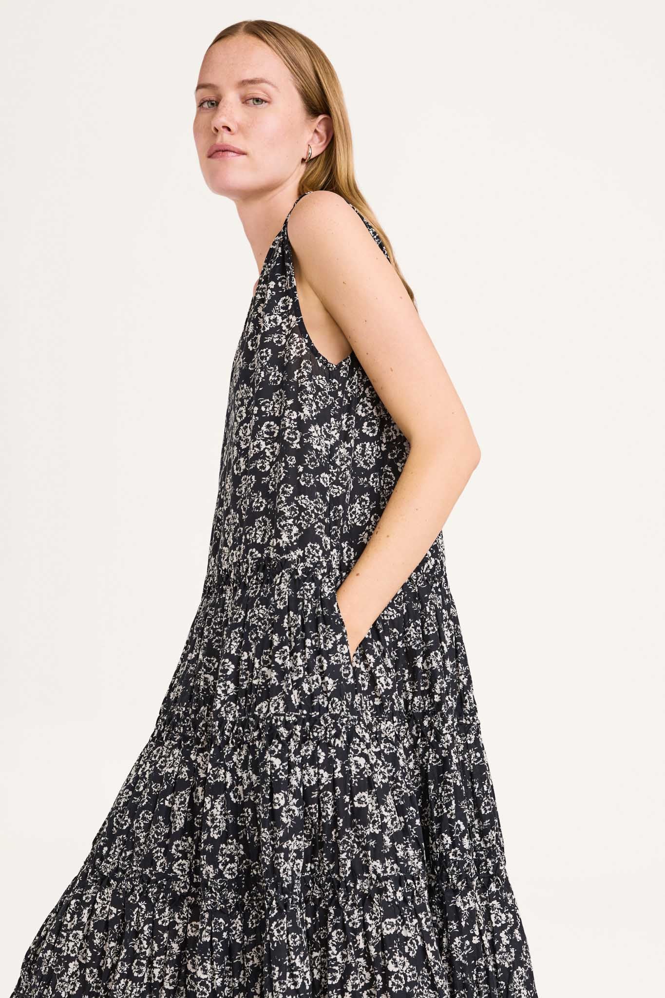 Wallis Smocked Dress in Black Stamped Floral Print – Merlette