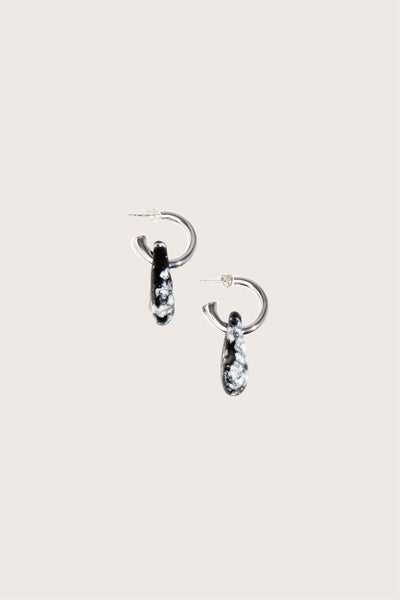 Small Rock Hoop Earrings in Black Marble/Silver